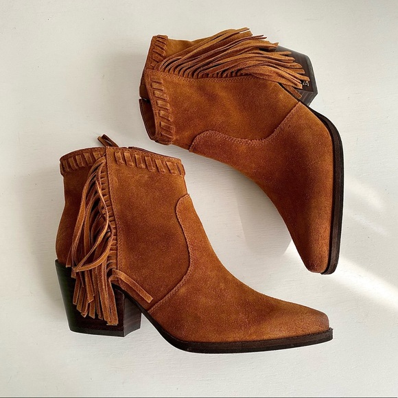✨SAM EDELMAN Willice Suede Fringe Heeled Booties Boho - Picture 2 of 12